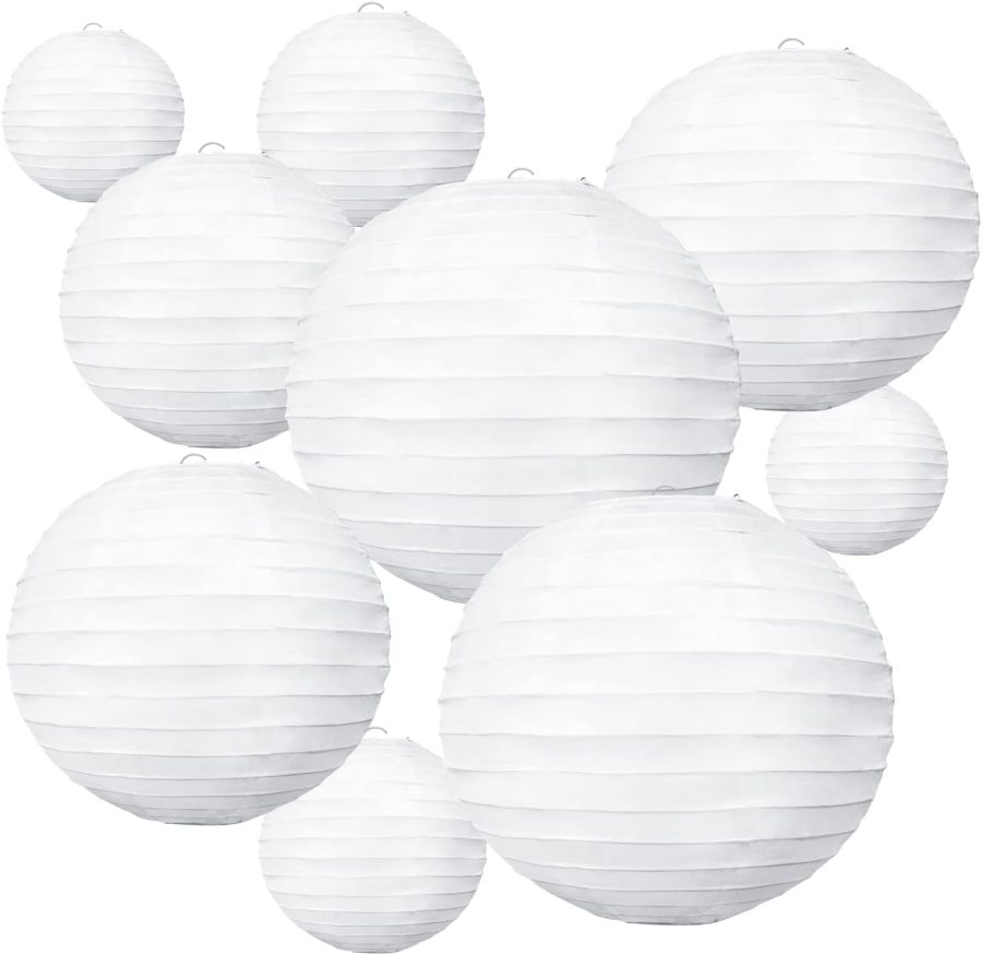 10Pcs White Paper Lanterns Decorative Chinese/Japanese Hanging Round Paper Lanterns Lamp for Birthday, Wedding, Christmas, Bridal, Home Decor, Party Decoration(Size of 4”, 6”, 8”, 10”)