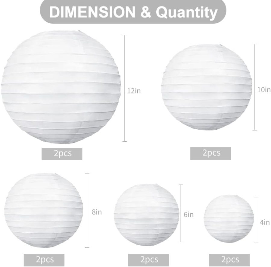 10Pcs White Paper Lanterns Decorative Chinese/Japanese Hanging Round Paper Lanterns Lamp for Birthday, Wedding, Christmas, Bridal, Home Decor, Party Decoration(Size of 4”, 6”, 8”, 10”) - Image 2