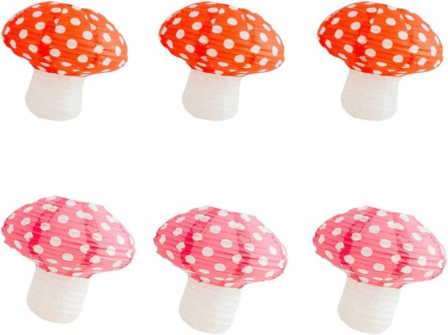 6 pcs Mushroom Paper Lanterns, Foldable Small Mushroom Lanterns with Lamp-Pearl, for Wonderland Themed Party, Garden, Indoor Decor 8 inch
