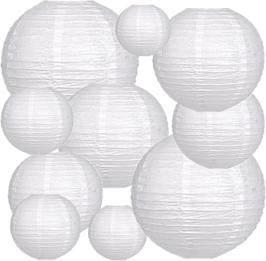 Folding Round Paper Lantern Reusable Chinese/Japanese Style Hanging Ornament Lamp Cover for Garden Birthday Party Decoration Supplies(White,10pcs Assorted Sizes)