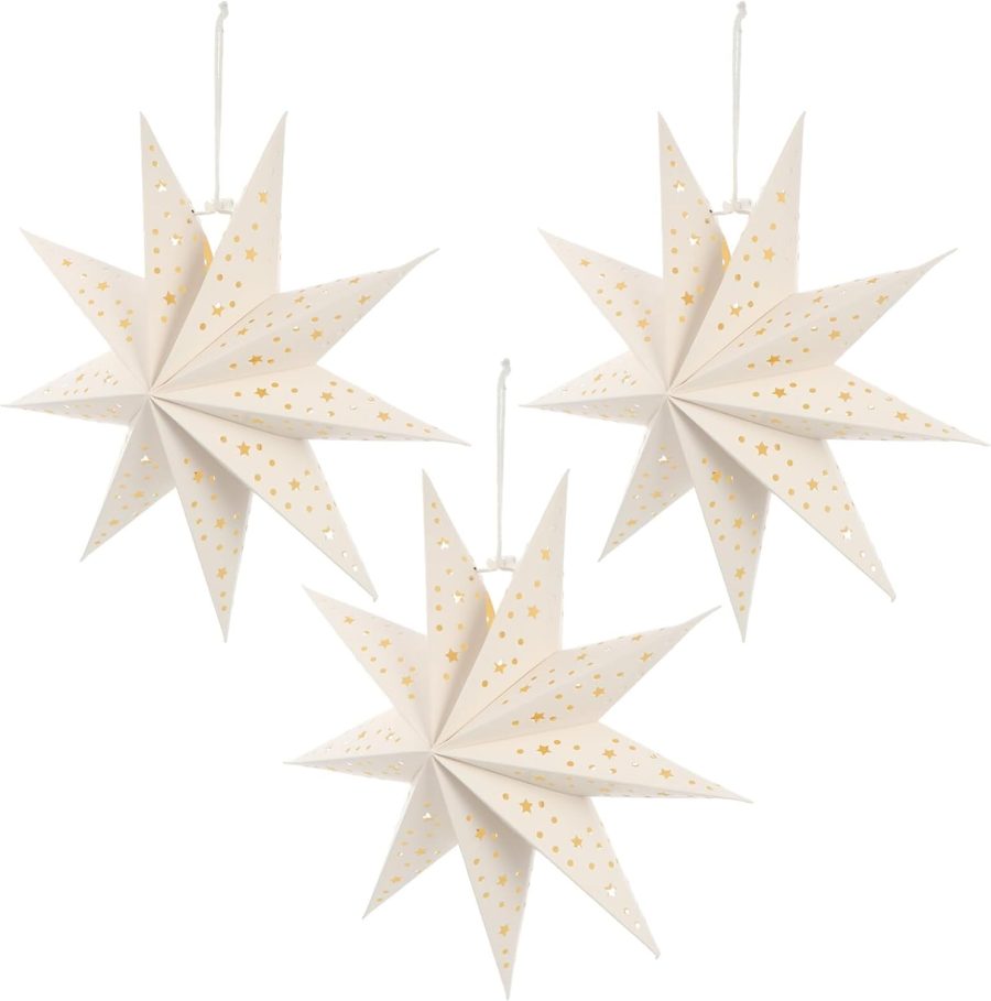 3Pcs Paper Star Lantern Lampshade 9 Pointed Star Hanging Decorations for Christmas New Year Wedding Party Holiday Birthday, 13.78 x 13.78 x 5.12 Inch