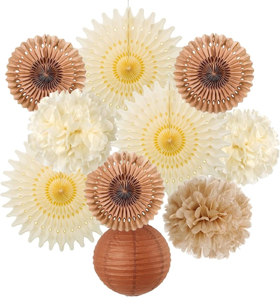 10 Pcs Brown Party Decorations Rustic Paper Natural Birthday Party Decorations Hanging Lanterns Tissue Paper Pom Poms Cream Folding Fans Kit for Girl Women