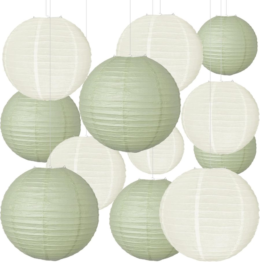 20 PCS Paper Lanterns,Sage Green and Ivory Lanterns for Weddings, Birthday Parties, Home Decoration, Easter, Graduation Ceremonies