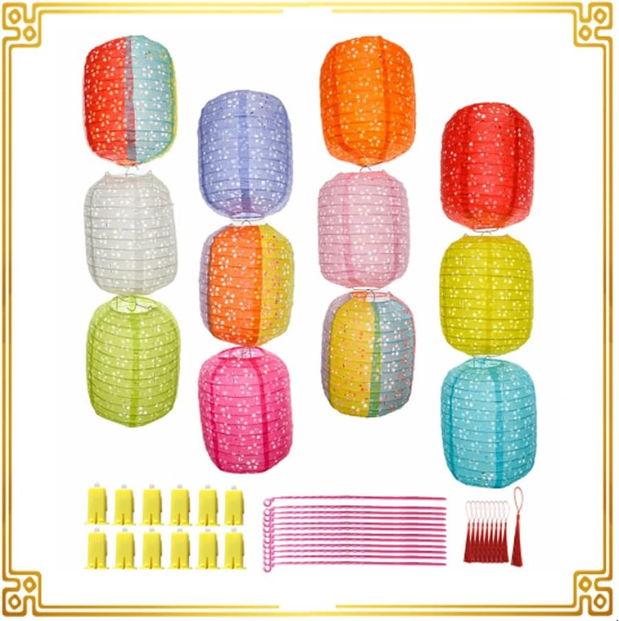12Pcs Chinese Paper Lanterns with LED Lights, Hollow Out Hanging Asia Japanese Paper Lamps with Tassels Walking Sticks 8 In Lantern for Chinese New Year Lanterns Decorations(oval-shaped) - Image 2
