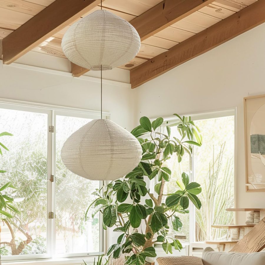 2PCS 16-inch Handmade Linen Pendant Light Shades Fabric Lampshade, Minimalist White/Beige, Foldable Hanging Lanterns for Bedroom, Living Room, Kitchen showcase window House Gift Idea