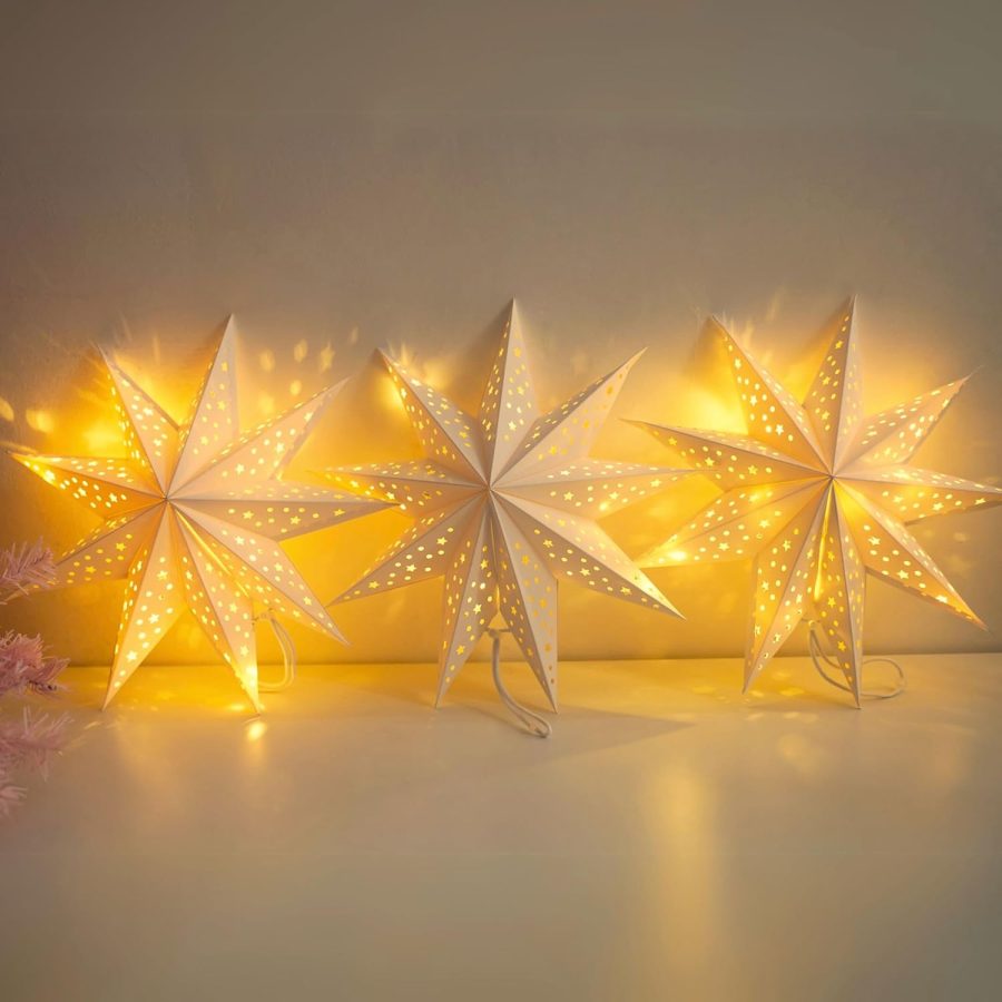 Paper Star Lantern 3PCS Christmas Paper Stars Lantern 13.78 inch 9 Points Paper Star Lantern Hanging 3D Christmas Paper Star Hanging Star Foldable for Wedding Xmas White decoración navideña