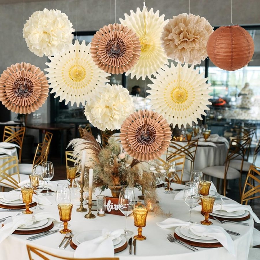 10 Pcs Brown Party Decorations Rustic Paper Natural Birthday Party Decorations Hanging Lanterns Tissue Paper Pom Poms Cream Folding Fans Kit for Girl Women - Image 2