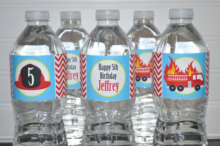 Fire Truck Theme Birthday Beverage Labels Set of 10